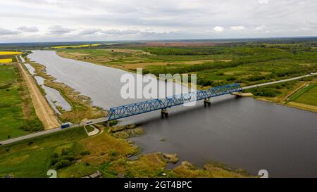 Aerial Panoramic View From Above To The Bridge Over The River Lielupe Near Kalnciems, Latvia