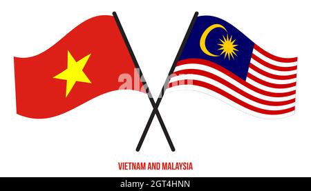 Vietnam and Malaysia Flags Crossed And Waving Flat Style. Official Proportion. Correct Colors. Stock Photo