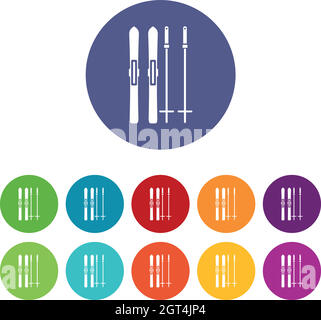 Skis and ski poles set icons Stock Vector