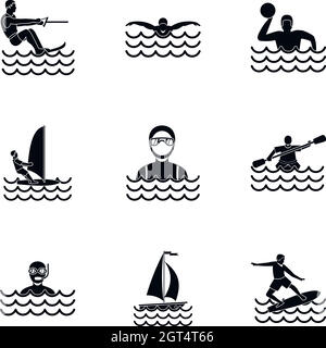 Swimming on water icons set, simple style Stock Vector