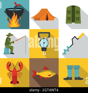 Hunting for fish icons set, flat style Stock Vector