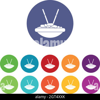 Bowl of rice with chopsticks set icons Stock Vector