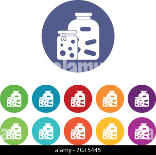Jars with pickled vegetables and jam set icons Stock Vector