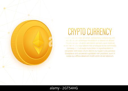 Cryptocurrency logo. Etherium in flat style on golden background. Vector design isolated. Internet technology. Stock Vector
