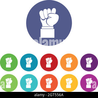 Raised up clenched male fist set icons Stock Vector