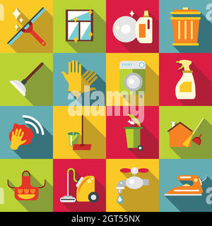 Cleaning items icons set, flat style Stock Vector