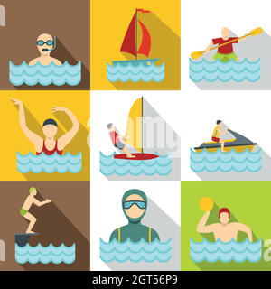 Water sport icons set, flat style Stock Vector