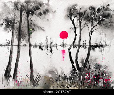 Beautiful abstract watercolour image of rising sun , showing hope amongst colourless black and white landscape of a lake and trees in foreground. Stock Photo