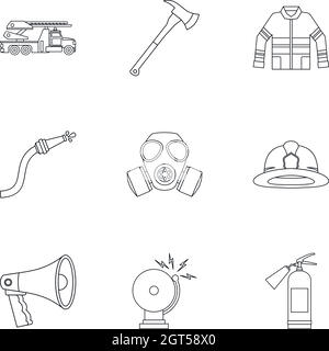 Firefighter icons set, outline style Stock Vector