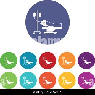 Patient in bed on a drip set icons Stock Vector