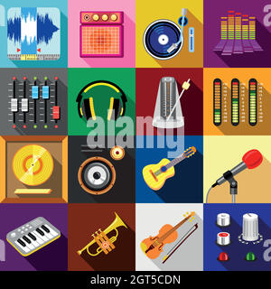 Recording studio symbols icons set, flat style Stock Vector