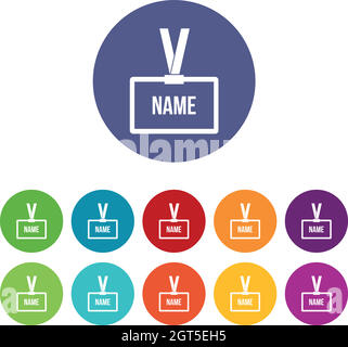 Plastic Name badge with neck strap set icons Stock Vector