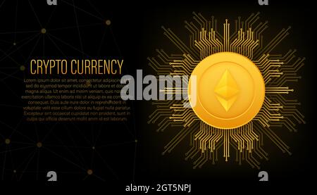 Cryptocurrency logo. Etherium in flat style on golden background. Vector design isolated. Internet technology. Stock Vector