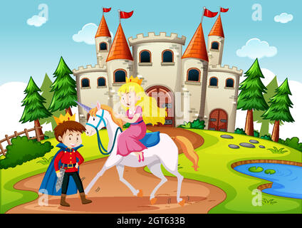 Prince and princess in fairytale land scene Stock Vector