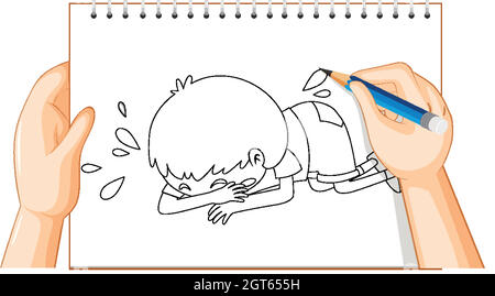 Hand writing of boy crying on the floor outline Stock Vector