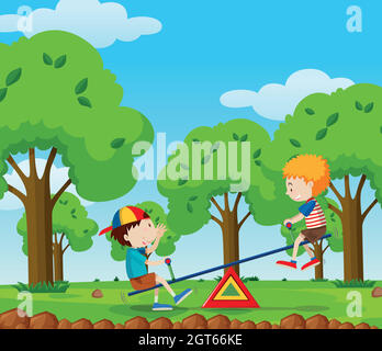 Two boys playing seesaw in the park Stock Vector