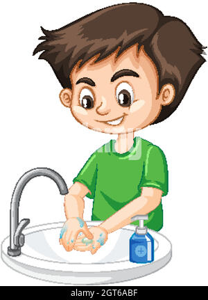 Boy cleaning hands on white background Stock Vector