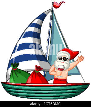 Santa Claus holding wine glass cartoon character standing on the boat with gift bag Stock Vector