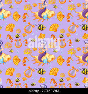 Seamless mermaid and sea animal cartoon style on purple background Stock Vector