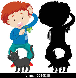 Boy playing with cat in colour and silhouette Stock Vector