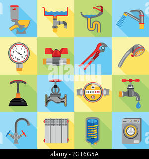 Plumber symbols icons set, flat style Stock Vector