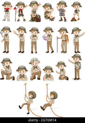 Set of boy in safari outfit doing different actions Stock Vector