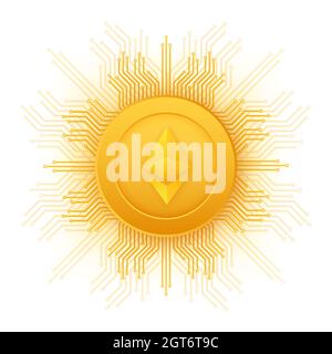Cryptocurrency logo. Etherium in flat style on golden background. Vector design isolated. Internet technology. Stock Vector