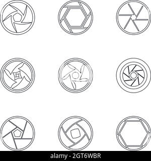 Aperture of camera icons set, outline style Stock Vector