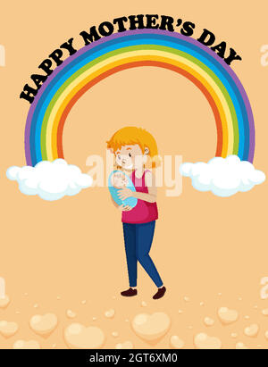 Happy Mother's Day Logo on rainbow with mom and baby Stock Vector