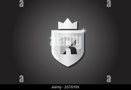 Creative shield R alphabet letter icon logo in grey color. Corporate business design for company template identity with king crown and light spark Stock Vector