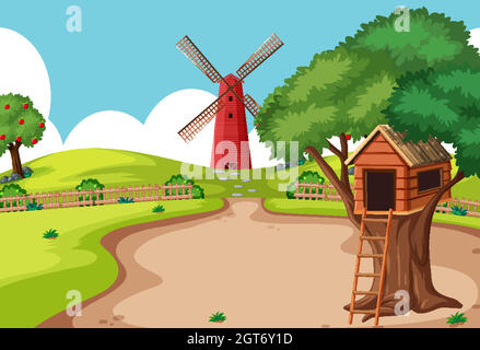 Tree house in the farm scene with windmill Stock Vector