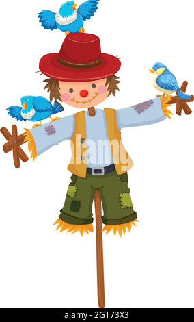 Scarecrow on stick with blue birds Stock Vector