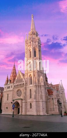 Fisherman's Bastion at sunset, Fortress in Budapest, Hungary, The Halászbástya or Fisherman's Bastion is one of the best known monuments in Budapest. Stock Photo