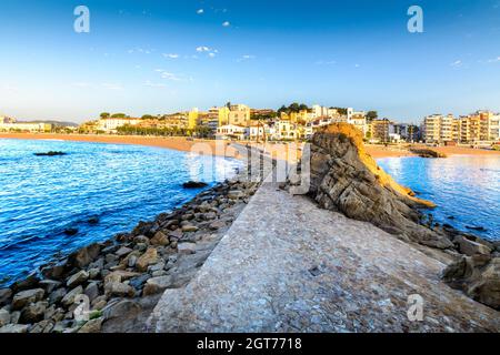 Blanes city and beach from Sa Palomera rock at morning in Spain Stock Photo