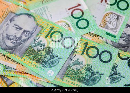 Australian one hundred dollar notes spread out - angled view not flat Stock Photo