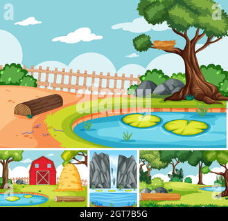 Four different scenes in nature setting cartoon style Stock Vector