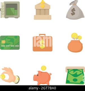 Bank and money icons set, cartoon style Stock Vector