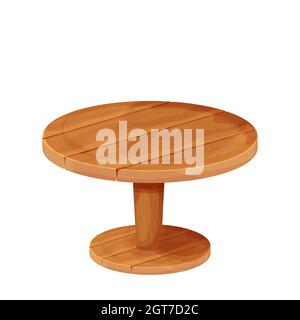 Wooden round rustic table in cartoon style isolated on white background. Textured furniture, small coffee table. Vintage object. Vector illustration Stock Vector