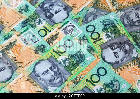 Australian one hundred dollar notes spread out - angled view not flat Stock Photo