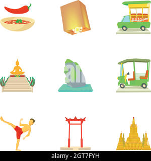 Thailand icons set, cartoon style Stock Vector