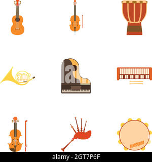 Tools for music icons set, flat style Stock Vector