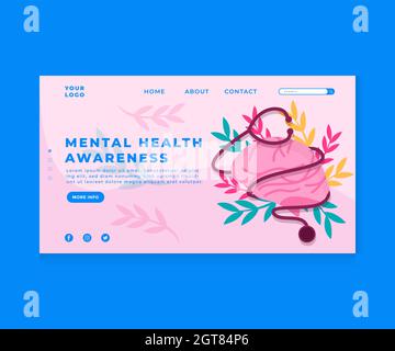 world mental health day. flat mental health landing page concept template. mental health homepage with stethoscope surround brain Stock Vector