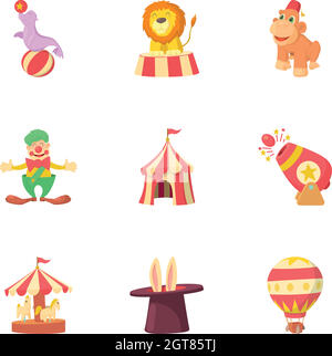 Circus performance icons set, cartoon style Stock Vector