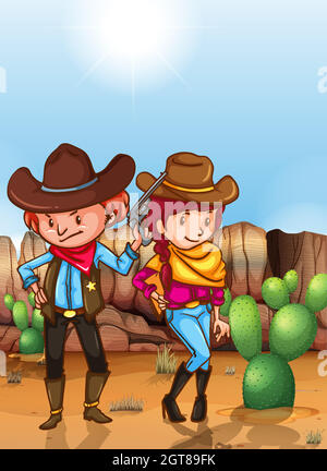 Desert landscape with woman cowboy on horse, mountains, cactuses. Wild ...