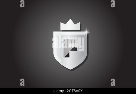 Creative shield F alphabet letter icon logo in grey color. Corporate business design for company template identity with king crown and light spark Stock Vector