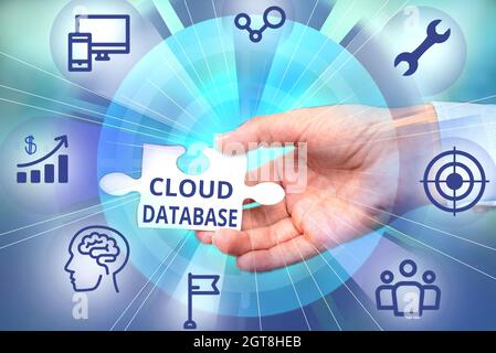 Text sign showing Cloud Database. Word Written on optimized or built for a virtualized computing environment Hand Holding Jigsaw Puzzle Piece Stock Photo