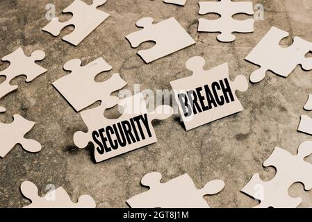 Sign displaying Security Breach. Business overview incident that results in unauthorized access of data Building An Unfinished White Jigsaw Pattern Stock Photo