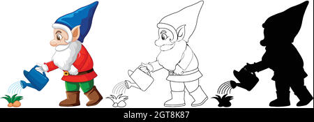 Gnome watering plant in color and outline and silhouette in cartoon character on white background Stock Vector