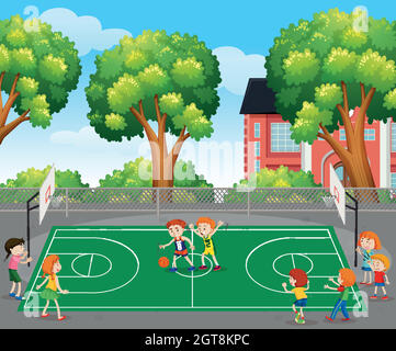 Kids playing basketball scene Stock Vector