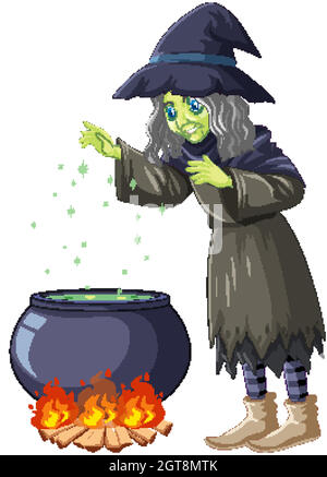 Old witch cooking potion cartoon character Stock Vector
